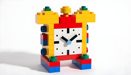 Fototapeta premium Colorful LEGO-Style Alarm Clock Made of Bright Block Pieces on White Background