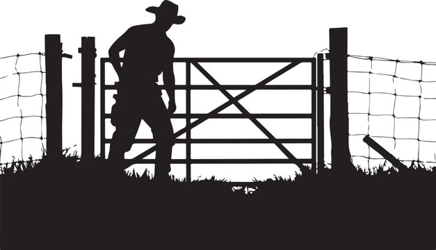 Silhouette of a cowboy opening a ranch gate fence