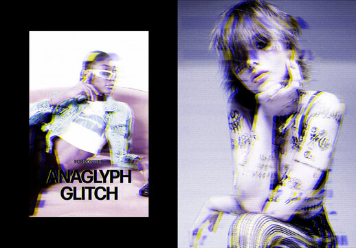Vertical Anaglyph Glitching Photo Effect For Poster And Print Design