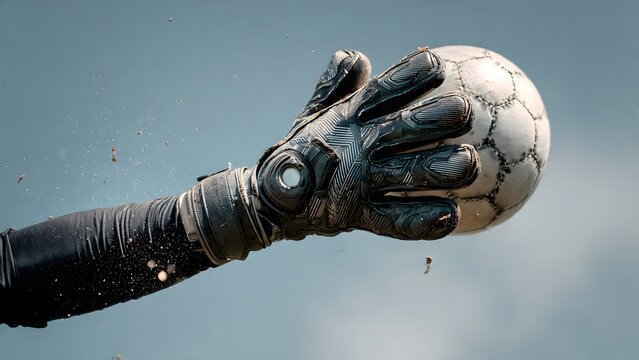 Soccer goalkeeper makes a powerful save during intense game, gloved hand firmly grasps worn football, dirt and debris fly around athletic player