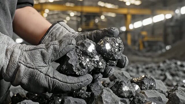 Macro Shot of Hands in Heavy-Duty Grey Work Gloves Holding Glittering Ore in an Industrial Mining Environment