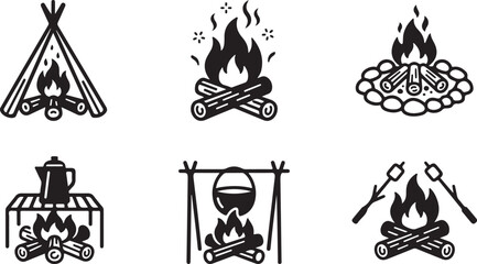 Fototapeta premium Six camping fire icons with different setups and tools Vector