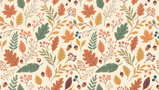 Seamless Autumn Botanical Pattern with Fall Leaves Acorns and Berry Branches