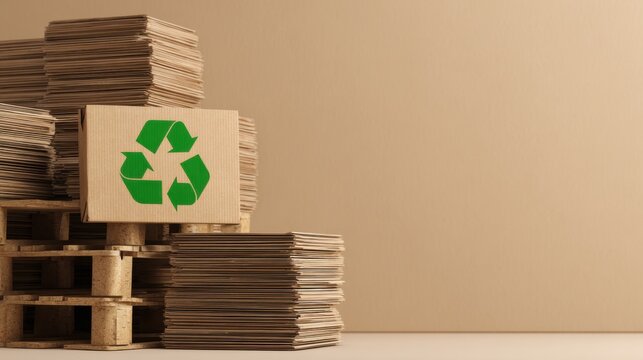 Stacked papers and a recycling box on wooden pallets against a plain beige background