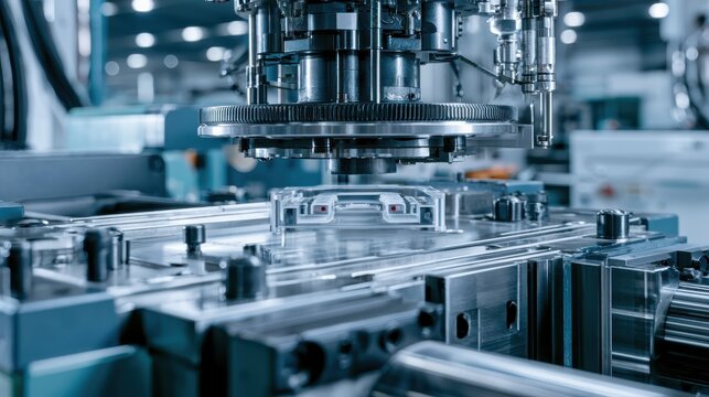 Macro shot of an industrial plastic injection molding machine releasing a newly formed precision component, clean lighting.