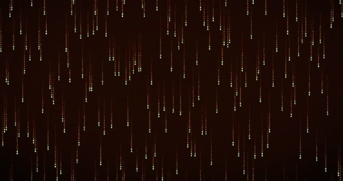 Hexadecimal code symbols cascade down in a dense, amber-hued code rain animation.