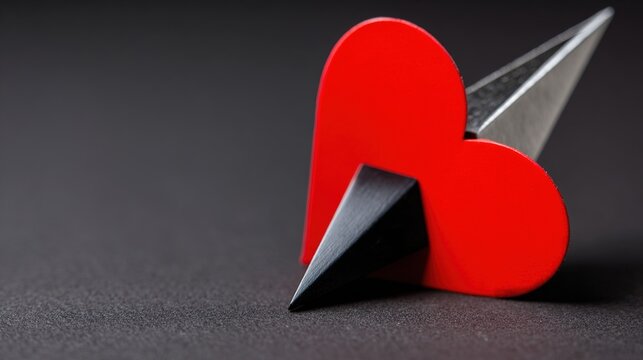 malice. Black triangle piercing a red heart, minimalist and stark contrast composition. wellbeing guides, coaching materials, designed for coaching and self-improvement content, used by ux designers.