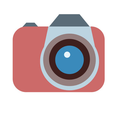Cute red camera vector icon with blue lens. Perfect flat digital camera illustration for photography logo, web design, and creative projects.