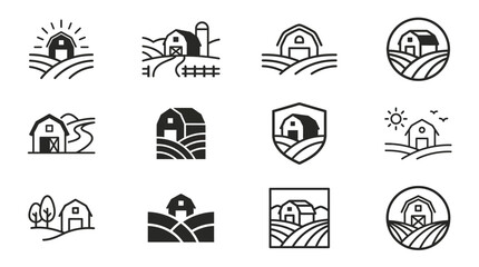 Line art farm icons with silos and sun. © mad
