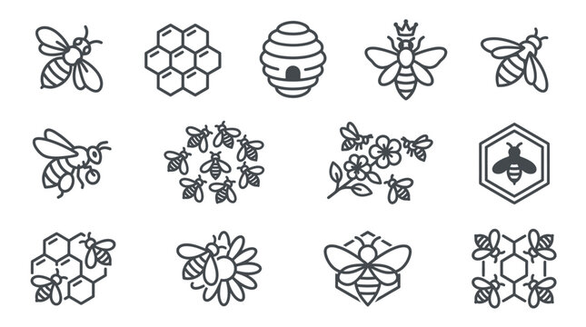 Minimalist bee pollination and nature icon set.
