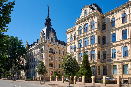 Latvian tourist landmark attractions - Art Nouveau architecture, beautiful building facade in downtown of Riga city: Elizabetes 10 and Strelnieku 4A, Latvia