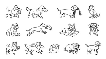 Obraz premium Collection of Cute Dog Breeds Line Art Icons, Playing with Toys