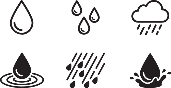 Set of six water and weather icons in black and white style Vector