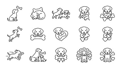 Obraz premium Cute Dog Icons: Playful Puppies with Bones and Toys - Line Art Collection