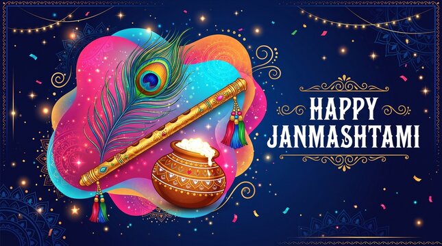 Happy janmashtami greeting card with flute, peacock feather, and pot.