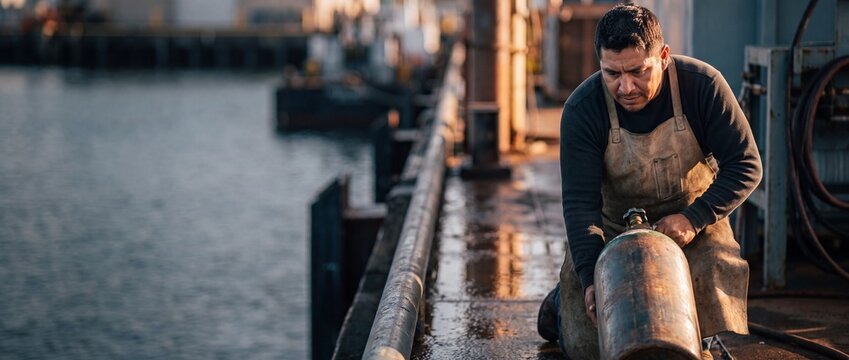 Hispanic dock worker adjusts a heavy gas cylinder at a marine harbor during sunset, depicting industrial harbor labor, maritime shipping yard manual work, and blue collar career determination.