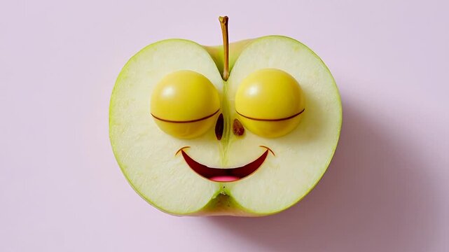 Playful apple slice with googly eyes on pastel pink background