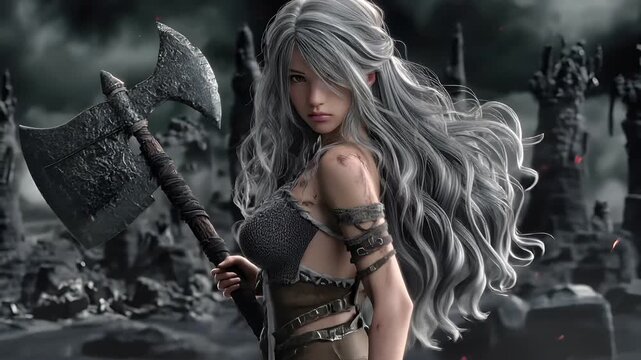 Fantasy, mysterious, wallpaper. A detailed digital artwork depicts a female warrior with long, flowing silver hair. She holds a large, ornate axe with a dark, textured blade and a wooden handle.