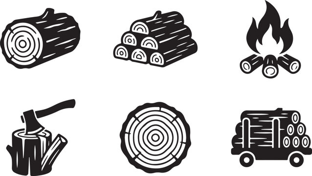 Black and white camping firewood icons set with axe and log cart Vector