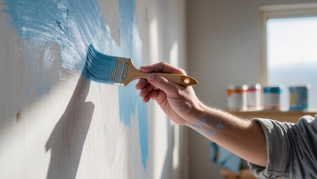 Close-up of a hand painting a wall