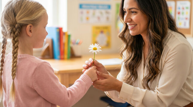 A young girl giving a beautiful white daisy flower to her smiling female teacher in a classroom.