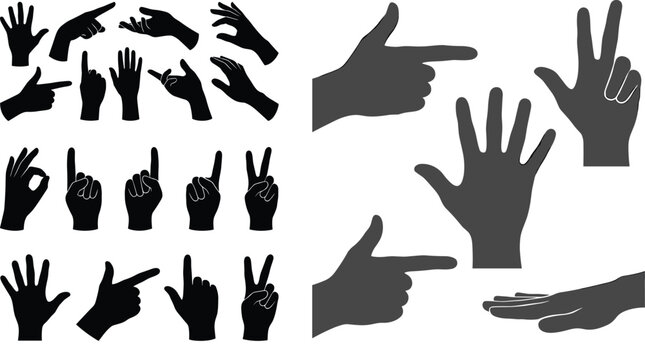Human Hand Gestures Silhouette Icon Set Showing Pointing Fingers Counting Signs Open Palms Ok Symbols and Communication Poses Vector Graphic Collection