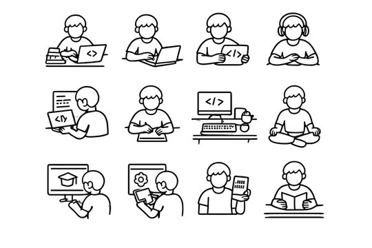 Coding Student Icons. Student learning to code. Line outline icon set of Student learning to code: student