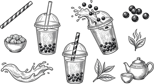 Vintage bubble tea vector icon set featuring hand drawn engraved tapioca pearls milk tea cups splashes teapot and fresh green tea leaves
