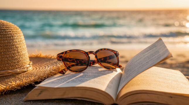 Open book and sunglasses resting on a straw hat at the beach during sunset.