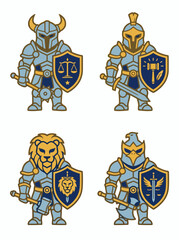 Obraz premium Fantasy Knight Mascot Logo Set with Golden Armor and Shield