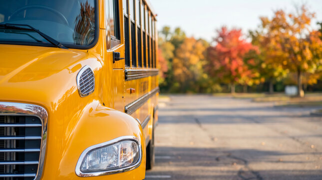 Close up view of a yellow school bus parked on a street during autumn.