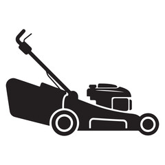 Fototapeta premium Black push lawnmower silhouette icon for landscaping, gardening, and yard maintenance