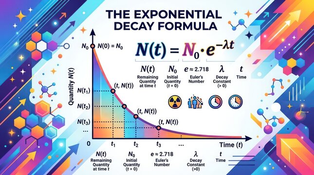 Educational poster showing exponential decay formula with graphical chart and math symbols.