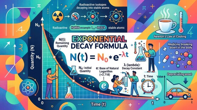Detailed infographic explaining exponential decay with diverse scientific applications now.