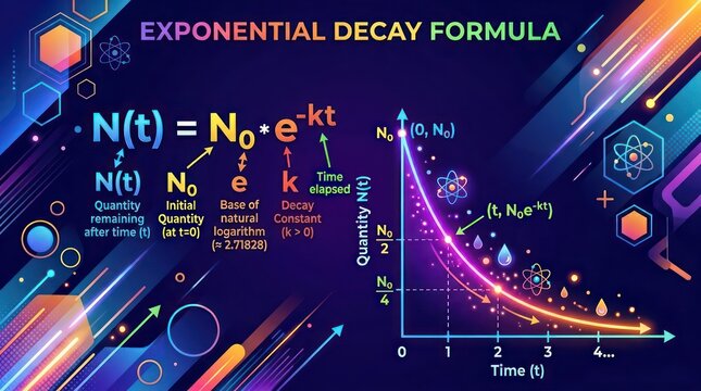 Modern science display of exponential decay formula with dynamic glowing curve visualization.