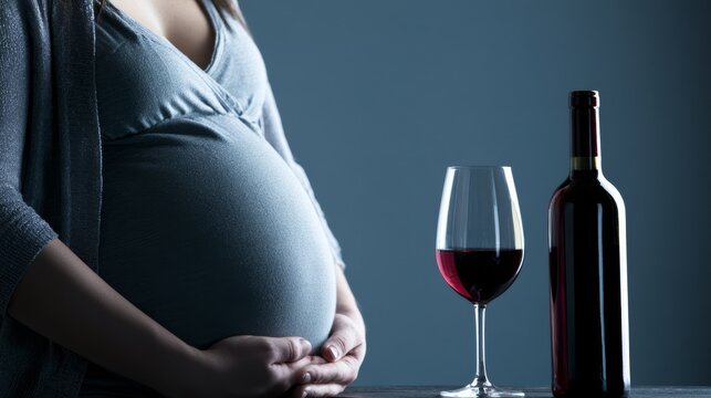 pregnant woman with glass of wine, fetal alcohol syndrome hazard, hi-res with copy space