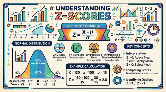 Understanding z scores infographic with normal distribution curve and standard deviation.