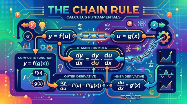 Chain rule calculus fundamentals graphic design featuring formula and function workflow map.