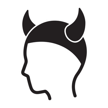Vector icon of a human head profile silhouette wearing a devil horn cap for Halloween and costume designs