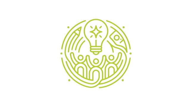 Innovative idea concept logo featuring light bulb and creative team working together design.