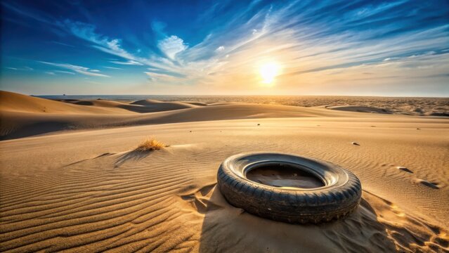 A discarded tire rests in the desert sands as the sun sets, casting long shadows across the undulating dunes.