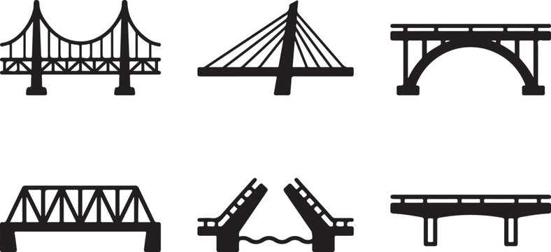 Six different types of bridge designs in black and white vector style Vector