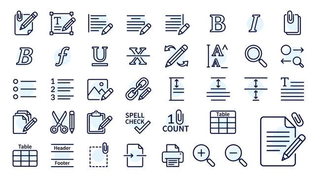 Document Editing Icons Set: Text Formatting, Writing, Layout, and Design Tools