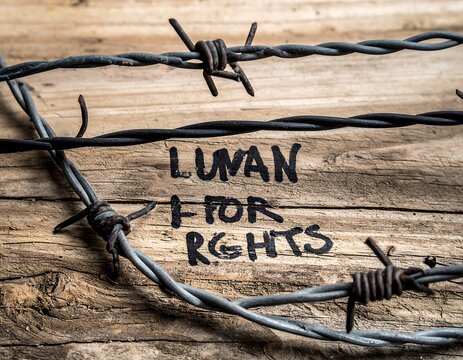 Rusty Barbed Wire Framing Handwritten Human Rights Message on Weathered Wood