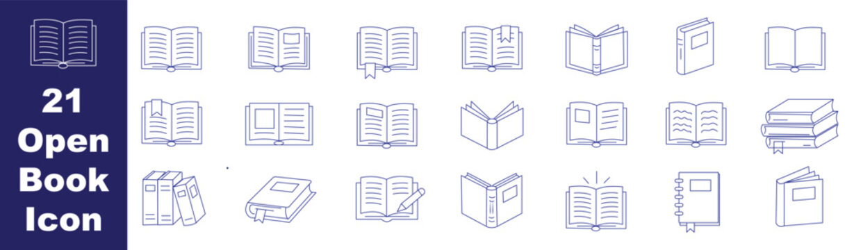 Set of book icons including open books stacks notebooks and education symbols in solid and outline styles