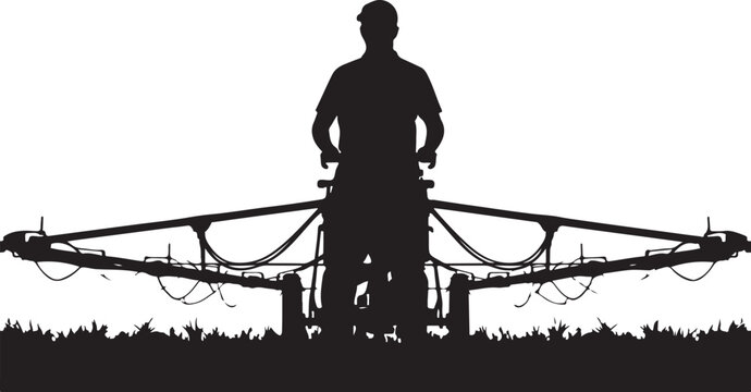Silhouette of farmer operating a boom sprayer in a field