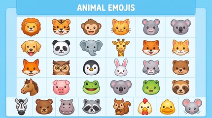 Obraz premium Animal Emoji Style Illustrations Collection – Cute Colorful Cartoon Icons for Kids