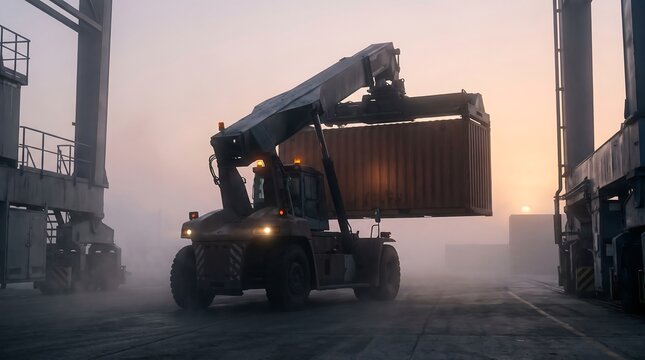 Silhouette of heavy reach stacker forklift moving cargo shipping container in dense morning fog at industrial port logistics terminal during sunrise