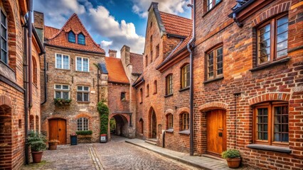 Obraz premium Charming Cobblestone Street with Ancient Brick Buildings and Aged Architecture