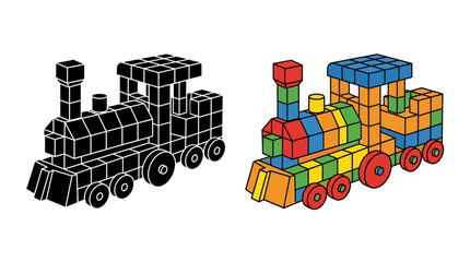 Block built locomotive illustration colorful and monochrome versions © FARISTA